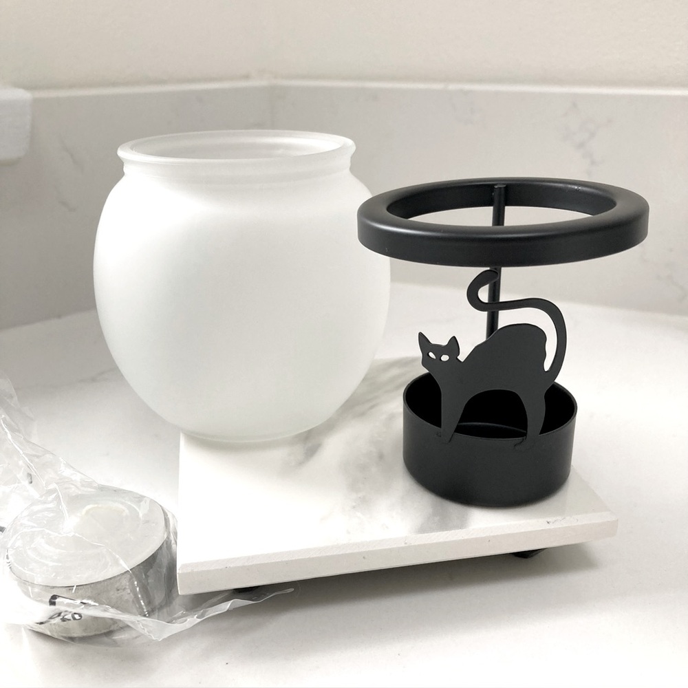 Frosted Glass Candle Holder with Black Cat Metal Insert